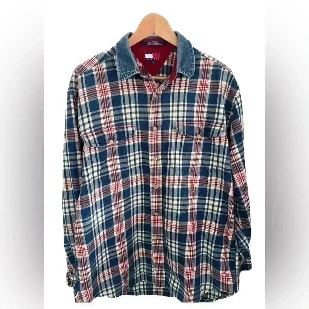 Tommy Hilfiger mens custom fit button down long sleeve multicolor plaid shirt L